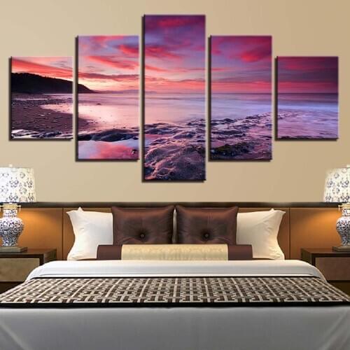 The Sea under Purple Sunset Posters 5 pcs Modern Home Wall Decor Canvas Picture Art HD Print Painting On Canvas for Living Room