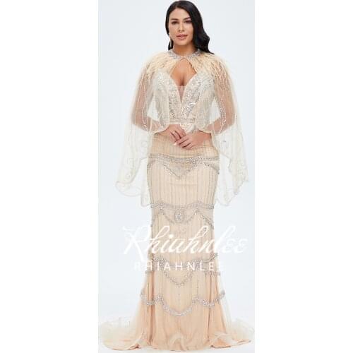 Rhiahnlee Luxury Beading Evening Dresses With Wrap Feather V Neck Vintage Mermaid Evening Gowns Champagne Long Dress For Party