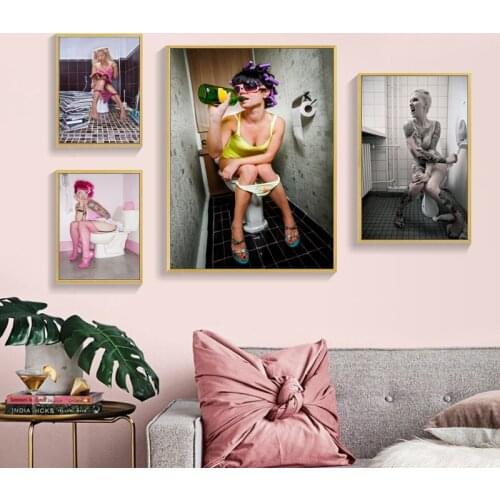 Self-adhesive Wall Sticker Fashion Toilet Girl Wall Art Sexy lady Smoking Drink Painting Posters Wall Picture Bathroom Bar Decor
