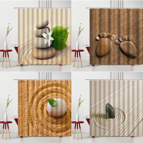 Beach Zen Stone Shower Curtain Flowers Creative Footprint Pattern Bathroom Decor Polyester Washable Bath Hanging Curtains Set