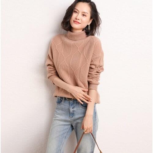 Womens pullover 2021 autumn/winter new casual solid color 100% wool sweater turtleneck cashmere sweater thickened ladies top