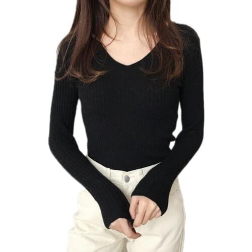 Women Autumn Winter Long Sleeve V Neck Ribbed Blouse Slim Knitted Pullover Top y2k