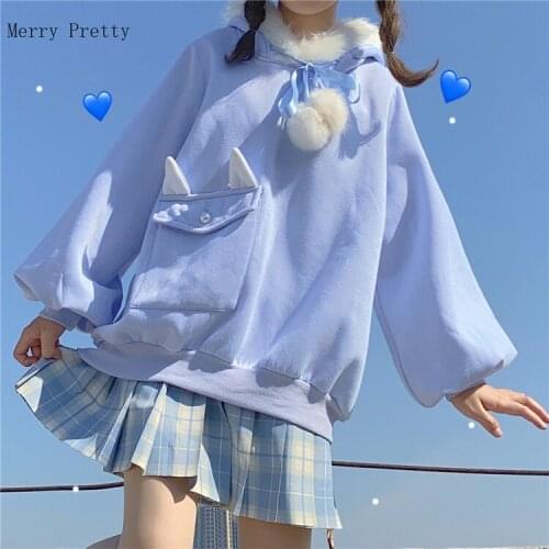Merry Pretty Kawaii Bunny Ear Pink Hoodie Women Lolita Soft Girls Cute Sweatshirt Sweet Thick Warm Oversize Winter Blue Pullover