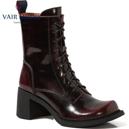 Spring Autumn Boots Women Shoes Ankle Fashion Boot Patent Leather Female Lace Up Thick Bottom Round Toe High Heels Shoes BWM-X21