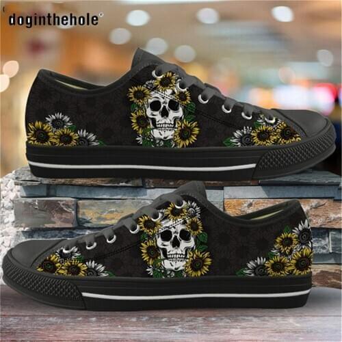 Doginthehole Womens Shoes Vulcanized Sunflowers Skull Patterns Sneaker Flats for Women Female Low Top Canvas Shoes Lace-up