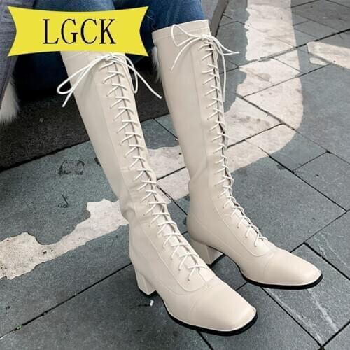 Plus Size 34-43 Spring Woman Real Leather Vintage Fashion Cowhide High Top Boots Motorcycle Knee-High Boots Women Lace-Up Shoes