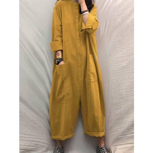Women Jumpsuit 2021 Female Oversized Romper ZANZEA Autumn Loose Pockets Overalls Casual Solid Stand Collar Bottom