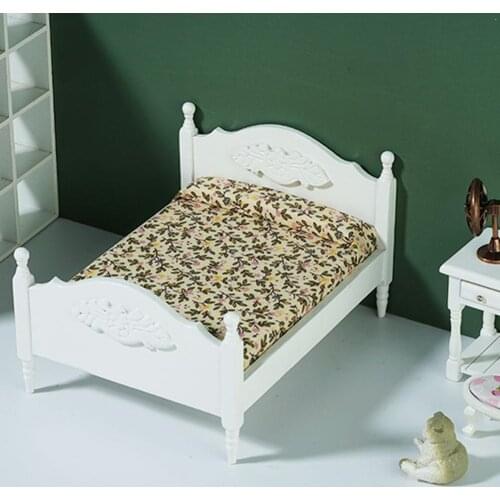 1:12 Dollhouse Miniature European Retro Design White Dresser Accs Furniture Mirror Toys Chair Double Kids Bed Wooden Bedroom