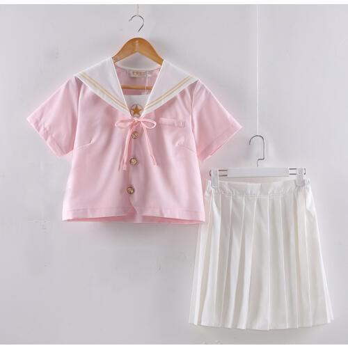Japanese Girls School Uniform Summer Pink Tops +White Skirt JK Sailor Cosplay Clothing College Female Students Uniforms C50181AD