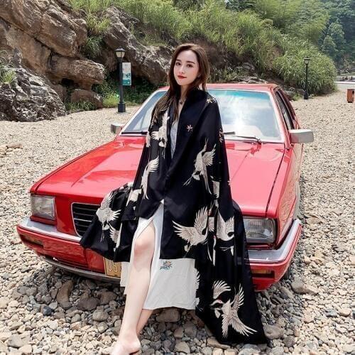 2020 New Japanese Yukata Kimono Haori Female Red-Crowned Crane Traditional Japanese Kimonos Beach Shawl Boho Yukata Women FF2575