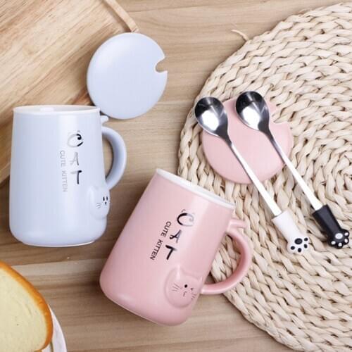 400ml Cute Cat Ceramics Coffee Mug With Lid Spoon Mugs Creative Drinkware Coffee Tea Milk Cups Novelty Couple Gifts