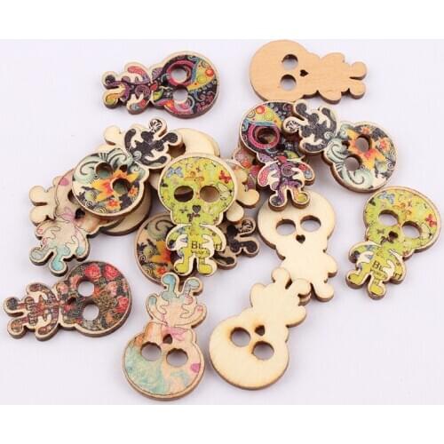 2 Holes Mixed Wooden Button Mulity Human Skeleton Pattern Scrapbook Craft Buttons Mix 50pcs Garment Botoes Accessories 19*30mm