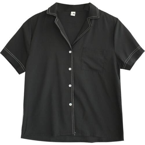 PERHAPS U Women Black White Beige Turn Down Collar Short Sleeve Button Shirt Blouse Solid Summer B0072