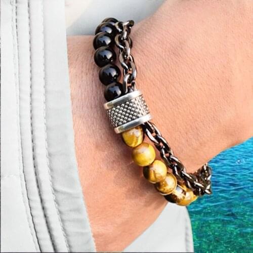 2 Layers Gun Black Stainless Steel Chain Bracelet Mens Tiger Eye Natural Stone Beads Bracelet for Men Beads Strand Braclet Gift
