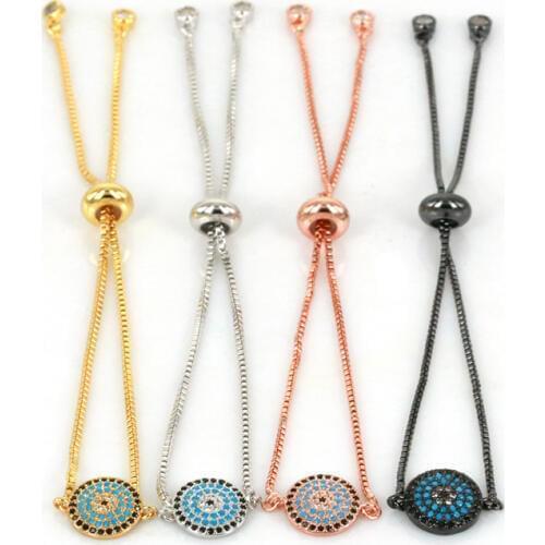 Paved Tension Setting Colorful CZ Round Evil Eye Link Bracelet Charms Crystal Adjustable Chain Bracelets for Women/Men