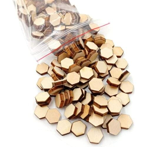 100pcs 10mm 0.39inch Wood Slices Ornaments Hexagon Shape Wood Slabs Craft for Home Party Decoration DIY Craft Supplies