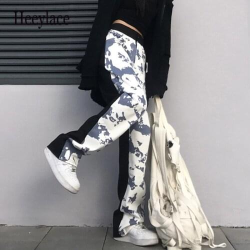 Korean Streetwear Black White Women Jeans Vintage Tie Dye Wide Leg Denim Pants Hip Hop Patchwork Trousers For Female