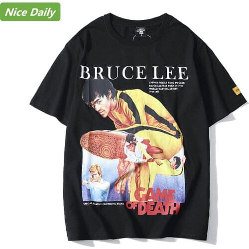 NiceDaily Spring Summer Cotton Camisetas Mens Short-Sleeved T-Shirt Bruce Lee Print Loose Round Neck Casual Cool Kung Fu Action