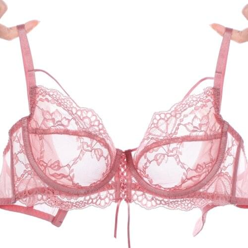 Pink Transparent Bra And Panties Sets Embroidery Sexy Lingerie Plus Size D E Cup See Through Brassiere Lace Women Underwear Set