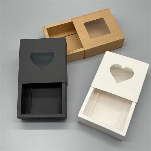 50pcs/lot Kraft/Black/White Paper Drawer Box With PVC Heart/Square Window Packaging Boxes,Gift/Candy/Snacks Packing Paper Box
