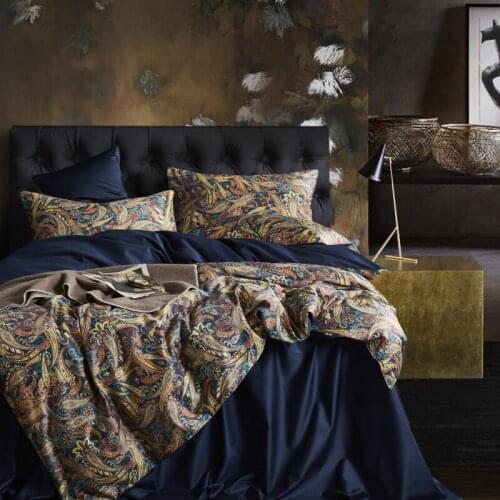 Leaf Floral Birds Duvet Cover Set Shabby Navy Blue Egyptian Cotton Bed Sheet 4 Pieces Bedding Set With Hidden Zipper Pillow Sham
