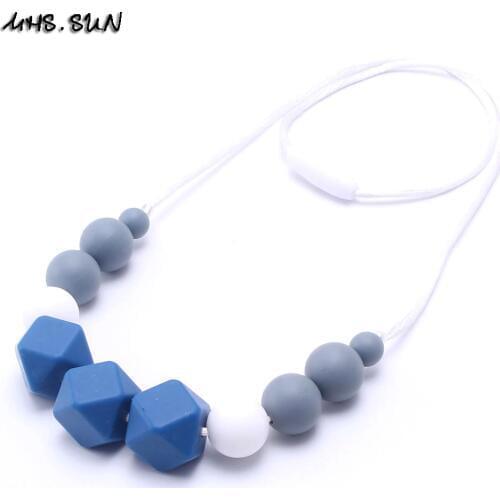 MHS.SUN Silicone beads necklace chewable teething jewelry for breastfeeding women baby long rope chain hot pink&blue&gray