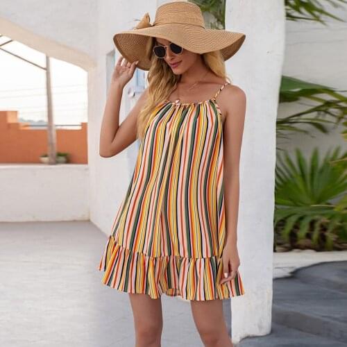 Fashion Sexy Casual Color Matching Striped Suspender Chic Dress Womens 2021 Summer New Sleeveless Beach Dresses Women Vestido
