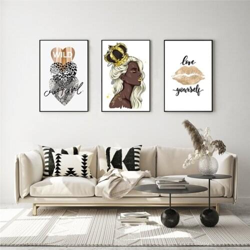 Fashion Wall Art Poster Flower Perfume Golden Lips Art Picture Black Girl With Crown Canvas Painting Modern Trendy Home Decor