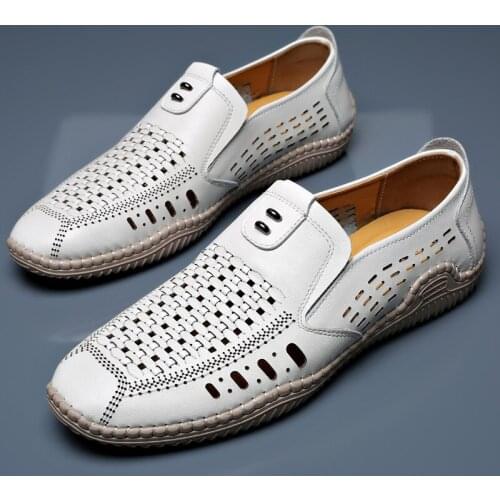 Leather mens shoes 2021 new summer breathable leather shoes mens leather sandals comfortable driving shoes hollow casual shoes