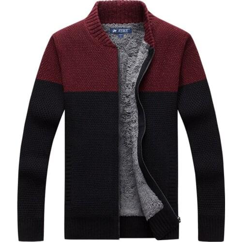 Mens Sweater Winter Cardigan Fleece Warm Thick Velvet Sweater Coats Casual Patchwork Color Zipper Men Sweaters Knitwear Hombre