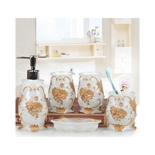 Bathroom Five-Piece Set Resin Bathroom Accessories Set Restroom Kit Toothbrush Holder Soap Dispenser Soap Dish Toilet Supplies S