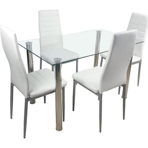 110cm Dining Table Set Tempered Glass amd Stainless Steel Dining Table with 4pcs Chairs Transparent & Creamy White