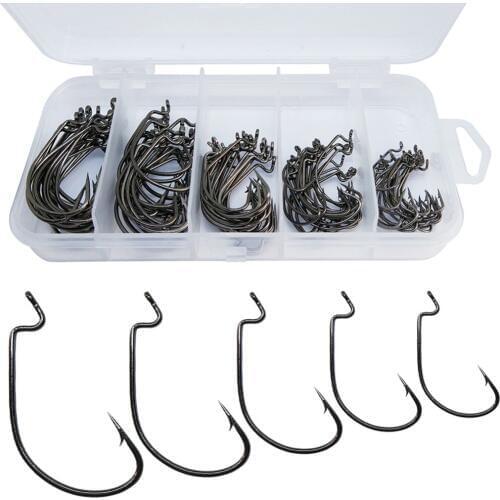 50pcs/100pcs Mustad Offset Hook Fishing Kit Dedicated Crank Soft Bait Jig Fishhook Worm Hooks with Z Bend Carp Fishing Tackle