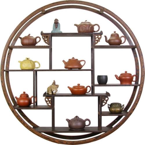 Household living room round small decorative frame solid wood modern new Chinese style wall hanging Teapot Tea storage rack