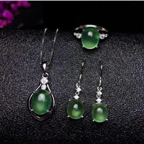 Real Natural Prehnite jewelry set Natural Real Prehnite 925 sterling silver 1pc pendant,1pc ring,2pcs Earring