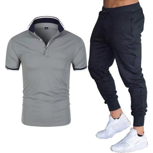 2021 summer new brand Ferrari mens polo shirt + sports stretch trousers mens trendy fashion casual business suit