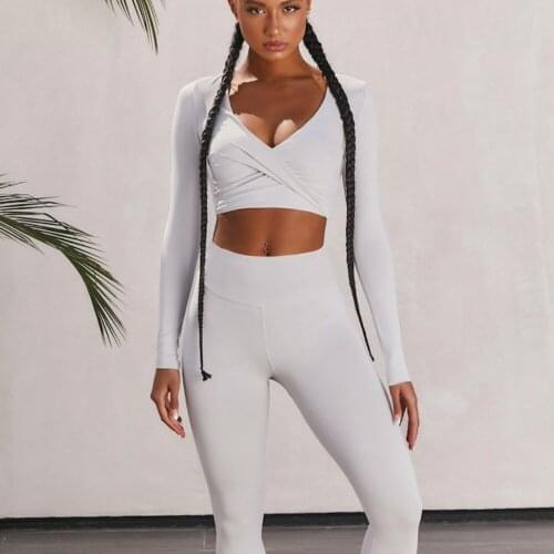 New Out Yoga Set Sport Outfits 2 Piece Women Crop Top Long Sleeve Leggings Gym Suit Fitness Workout Clothes