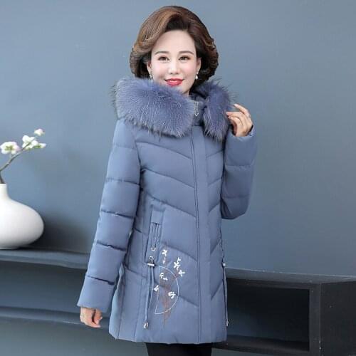 Winter Jacket Female Fashion Loose Thick Warm Mother Down Cotton Jacket Embroidered Length Oversize Hooded Parka Outerwear Women