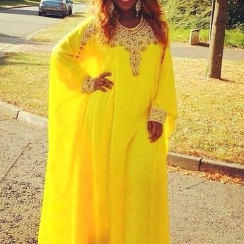 Arabic Style Dubai Kaftan Dress 2015 New Fancy Long Sleeves O Neck Yellow Chiffon Abaya Evening Dresses Robe De Soiree
