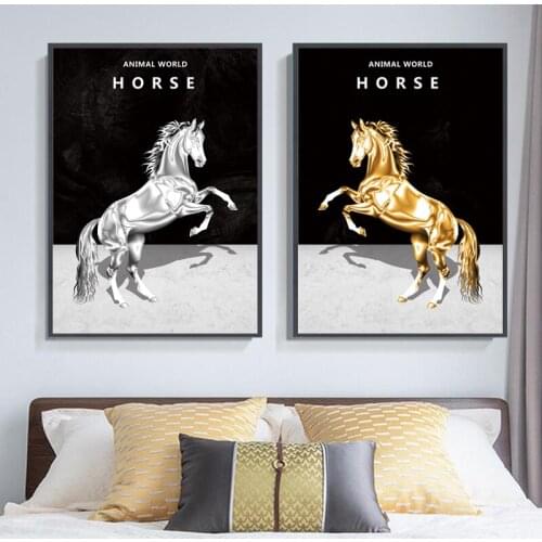 Luxury Nordic Animal Art Gold Horse Artwork Painting on Canvas Wall Art Poster Prints Wall Pictures for Living Room Home Decor