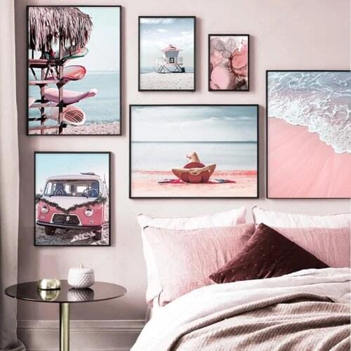 Pink Surfboard Travel Bus Canvas Painting Nordic Vacation Beach Posters and Prints Wall Art Pictures for Living Room Home Decor