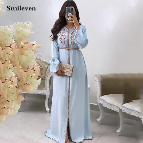 Smileven Sky Blue Chiffon Moroccan Kaftan Flare Sleeve Formal Evening Dress Lace Muslim Dubai Special Occasion Dress Customize