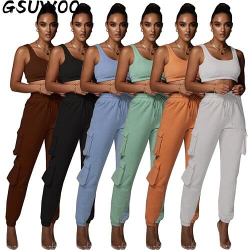 Gsuwoo Fitness Yoga Gym Tracksuit Sport 2 Piece Set Casual Sleeveless Vest Crop Top Cargo Pants Women Outfit Jogger Matching Set