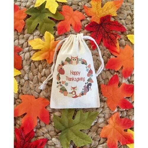 Thanksgiving Favor Bag personalized Autumn Forest Animals party bags wedding treat bag thank you gift bag muslin drawstring bag
