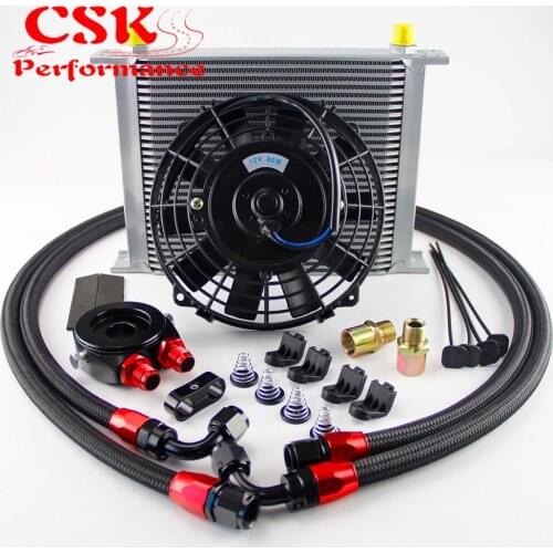 Universal 30 Row Engine Transmission AN8 Oil Cooler Kit+7" Electric Fan Kit Blue/Black