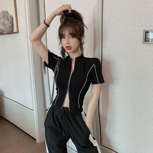 WOMENGAGA Korean Fashion Double Zipper Detail Short Sleeve Cardigan Summer Slim All-match blouse Women Crop Top 4LGK