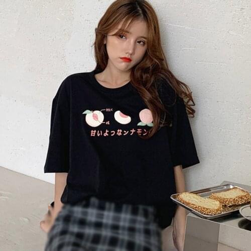 Women T-shirt Round Collar Girl Fruit Print Simple Harajuku T-Shirt Loose All-match Summer Casual Short Sleeve T Shirt