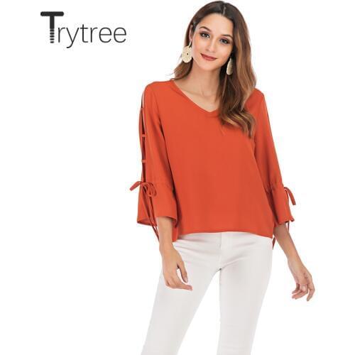 Trytree Summer Autumn Top Women t shirt Casual Solid V-Neck Bow Ribbon Flare Sleeve Hollow Out Side Top Casual Polyester Tshirts