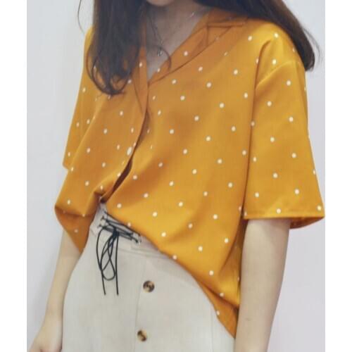 Womens Dot Print Shirt Chiffon V-Neck Casual Short Sleeve Blouse