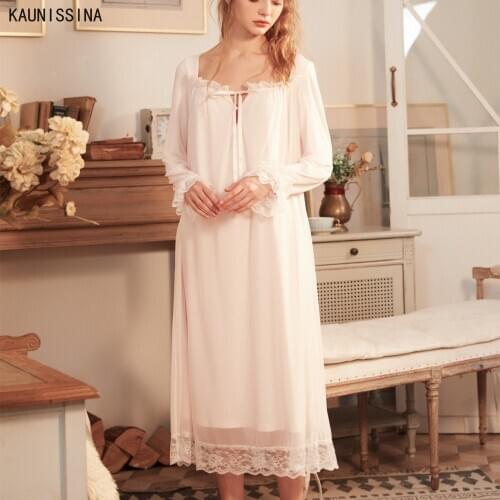 Women 100% Cotton Nightgown Princess Long Sleeve Loose White Nightdress Long Sleeve Retro Palace Sweet Sleepwear Gown Homewear